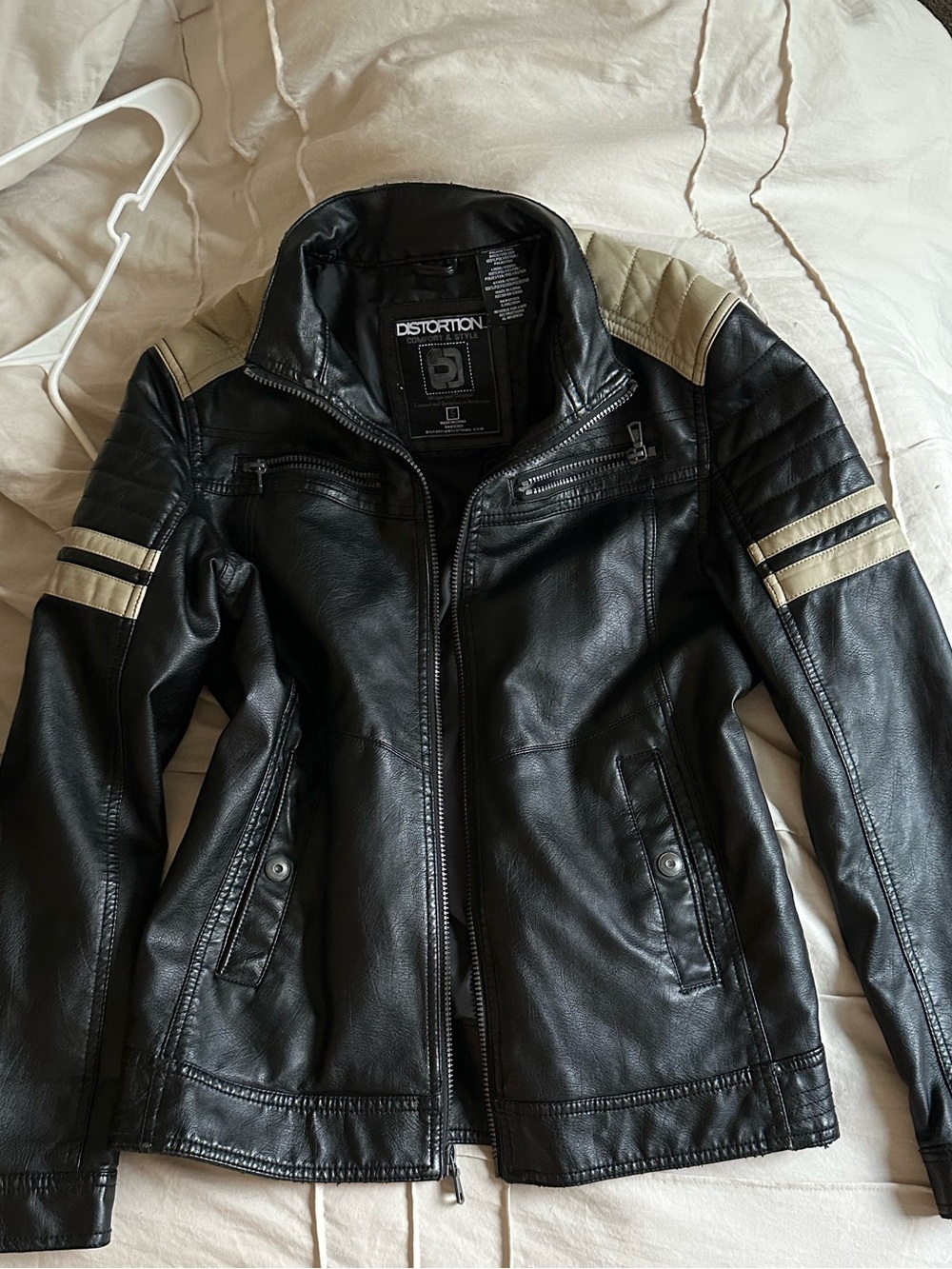 Women's Black Faux Leather Biker Jacket with Cream Accents